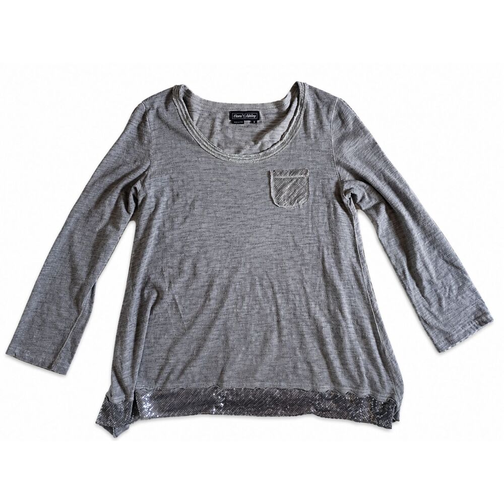 Flora Ashley Women’s Small Gray Long Sleeve Top Sequin Hem Pocket